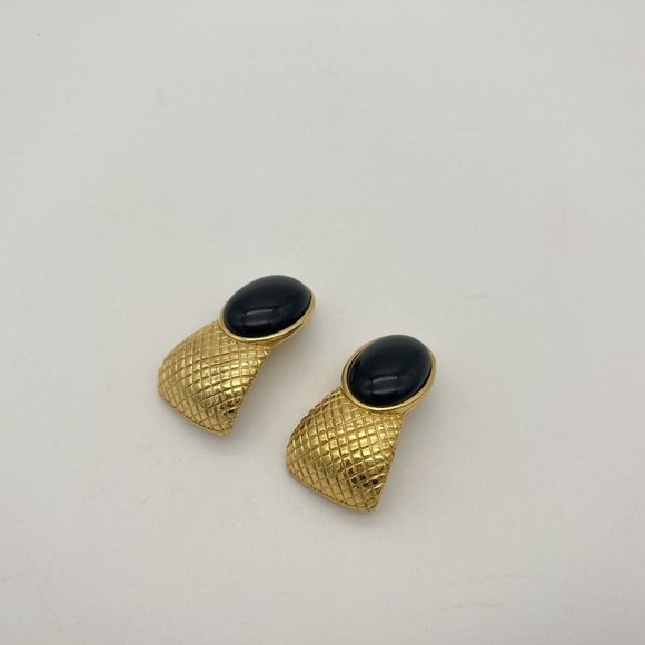 Vintage 80s Gold Curved Large Black Cabochon Statement Clip On Earrings - Picture 8 of 10